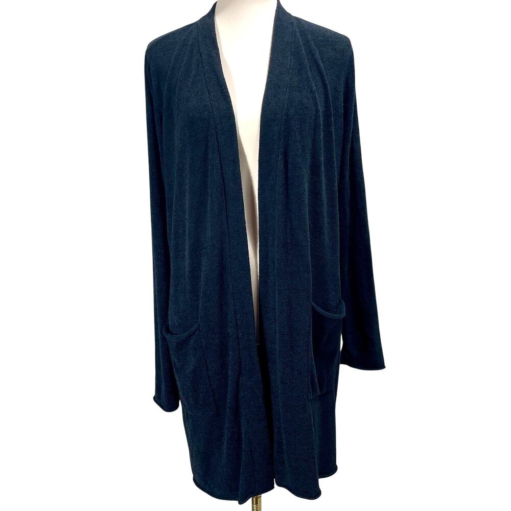 Barefoot Dreams CozyChic Ultra Lite Knit Long Open Black Cardigan Back Cinch Tie